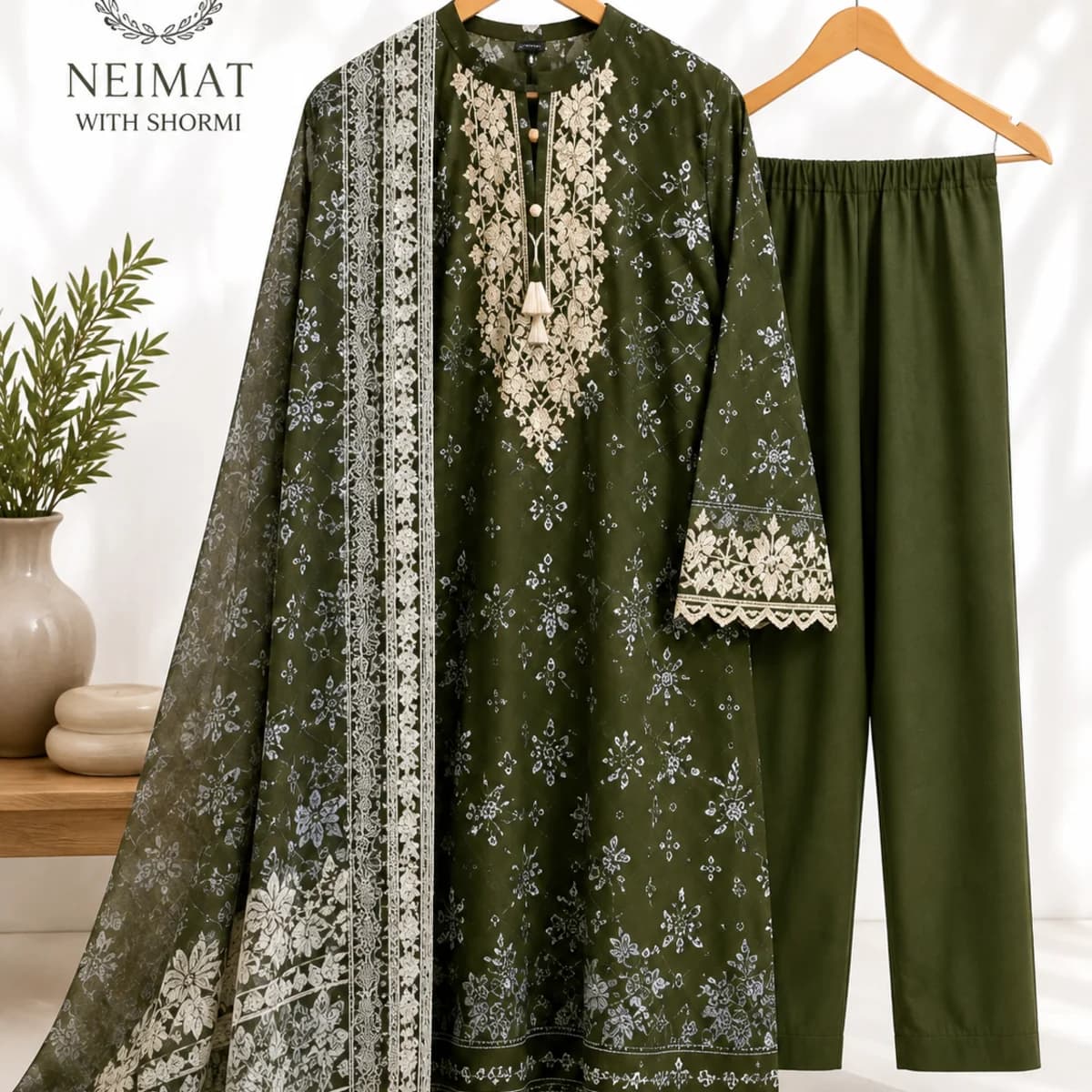 Olive Green Boutique Stitched Cotton 3 Piece Set with Embroidered Neckline