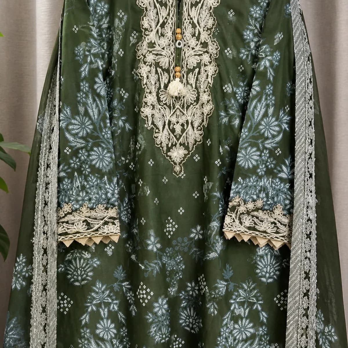 Olive Green Boutique Stitched Cotton 3 Piece Set with Embroidered Neckline — view 2