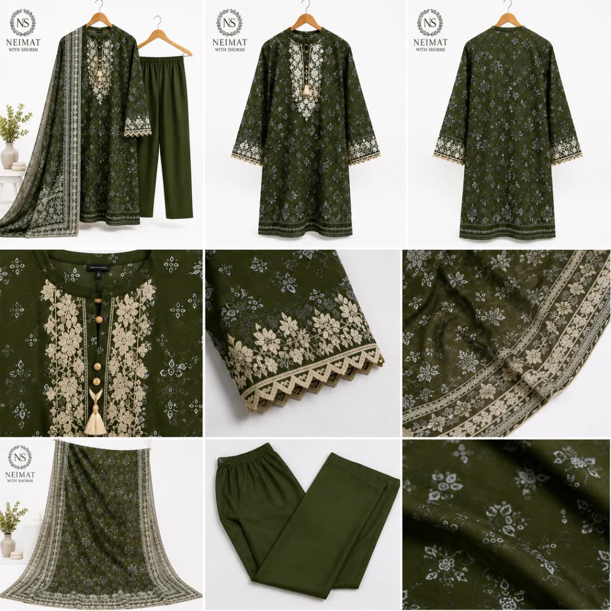 Olive Green Boutique Stitched Cotton 3 Piece Set with Embroidered Neckline — view 3
