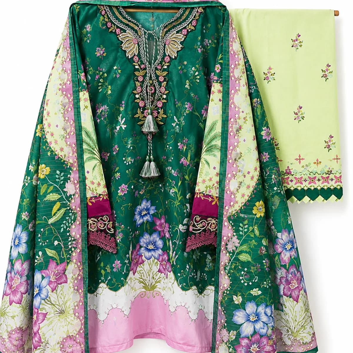 Emerald Green Floral Boutique Stitched 3 Piece Set