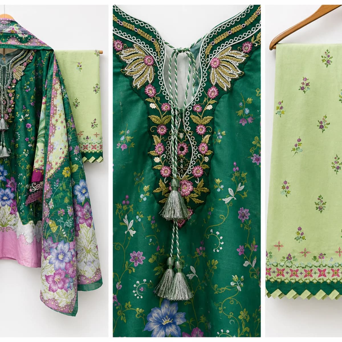 Emerald Green Floral Boutique Stitched 3 Piece Set — view 2